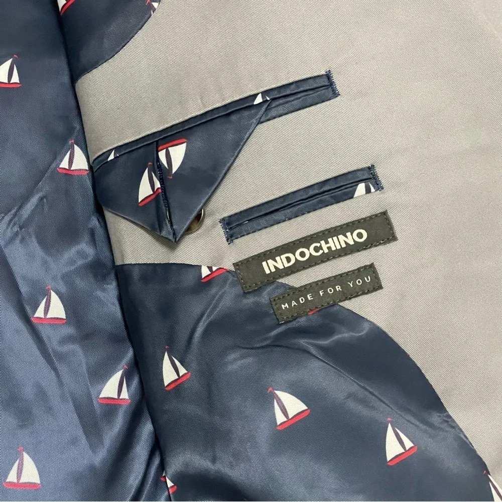 Indochino Mens Custom Blazer Light Gray Sailboat Lining Cotton NWT